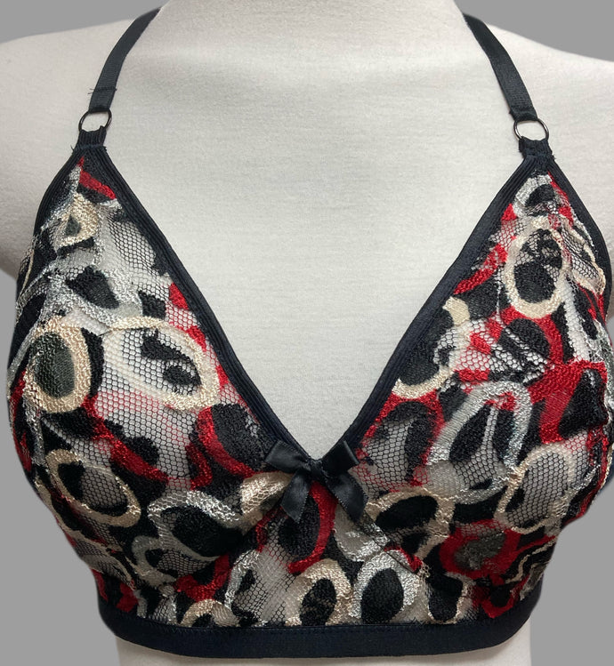 Black, Red  and Cream Print Lace/Mesh Fabric