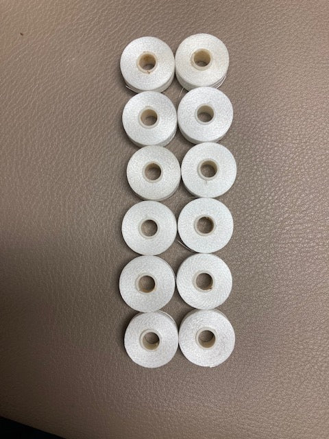 Pre-wound bobbins white polyester thread - pack of 12 SIDELESS pre-wound bobbins